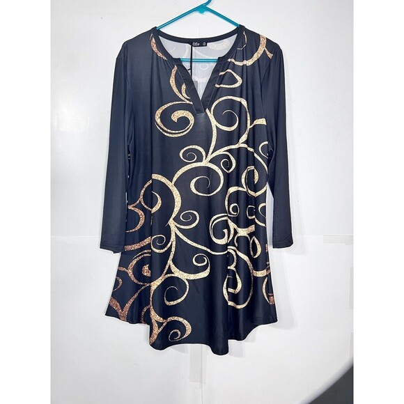 Lily By Firmiana Tunic Top Plus Size 1X Blouse Black Gold Swirl Flowy 3/4 Sleeve - Picture 1 of 8